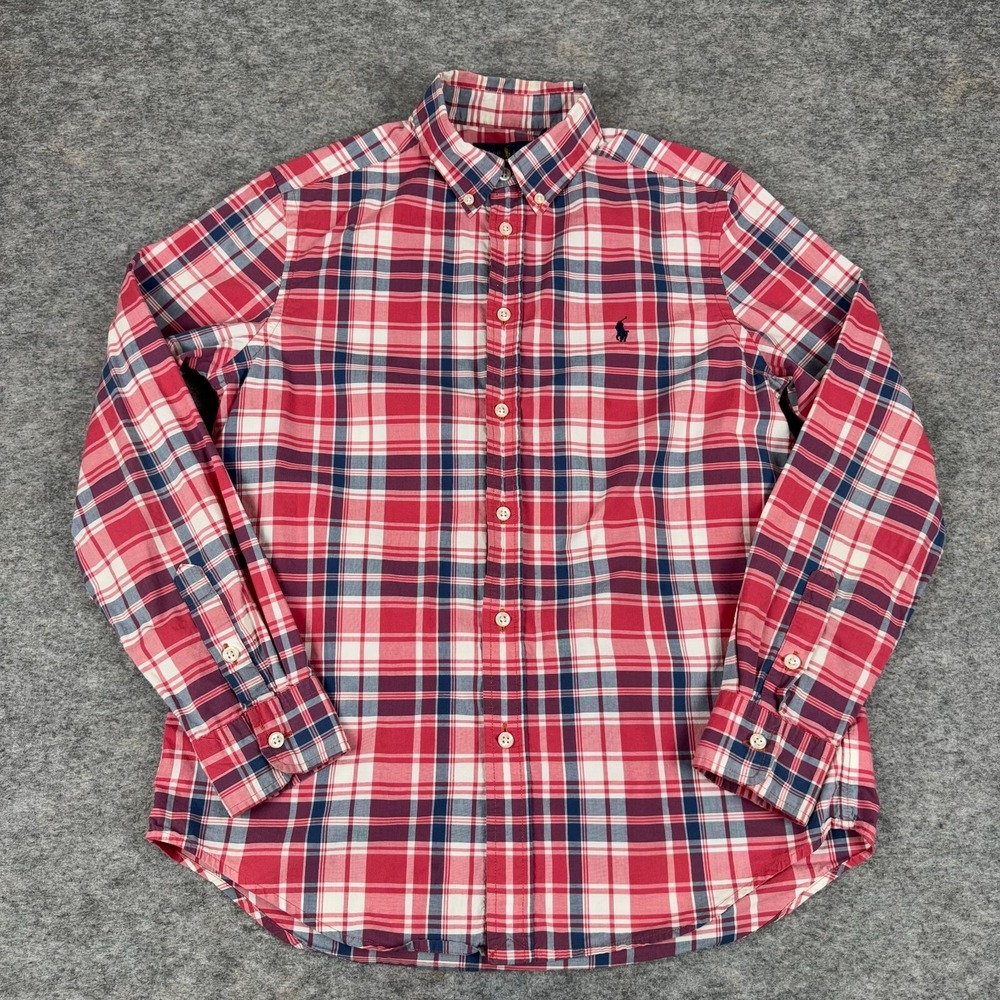 Ralph Lauren Natural Stretch Button Down Shirt Plaid Pink Blue Boys Large L